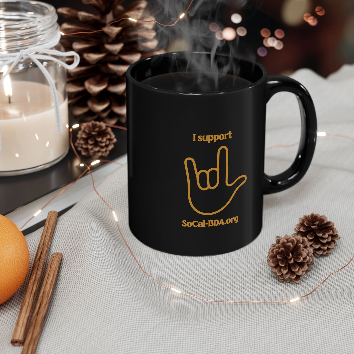 Black Mug — "I Support SoCal-BDA.org" with ILY