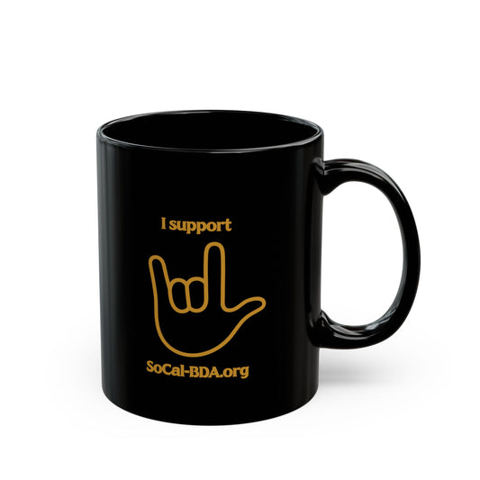 Black Mug — "I Support SoCal-BDA.org" with ILY