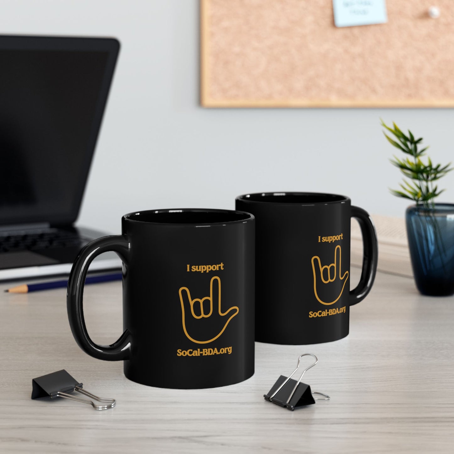 Black Mug — "I Support SoCal-BDA.org" with ILY