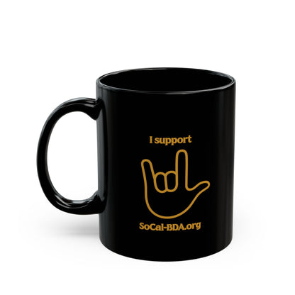 Black Mug — "I Support SoCal-BDA.org" with ILY